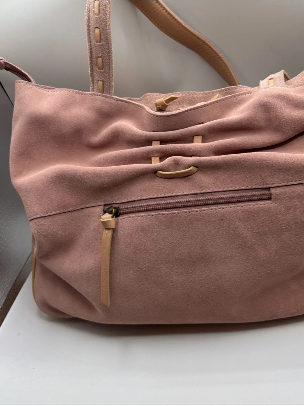 J Jill Suede Drawstring Shoulder Bag Taupe Pink Leather Trim Hobo Tote NWT